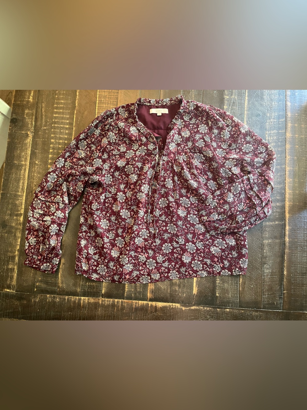 Loft Burgundy Floral Peasant Top with Tie Neck Ruffle Sleeves Sheer Lined